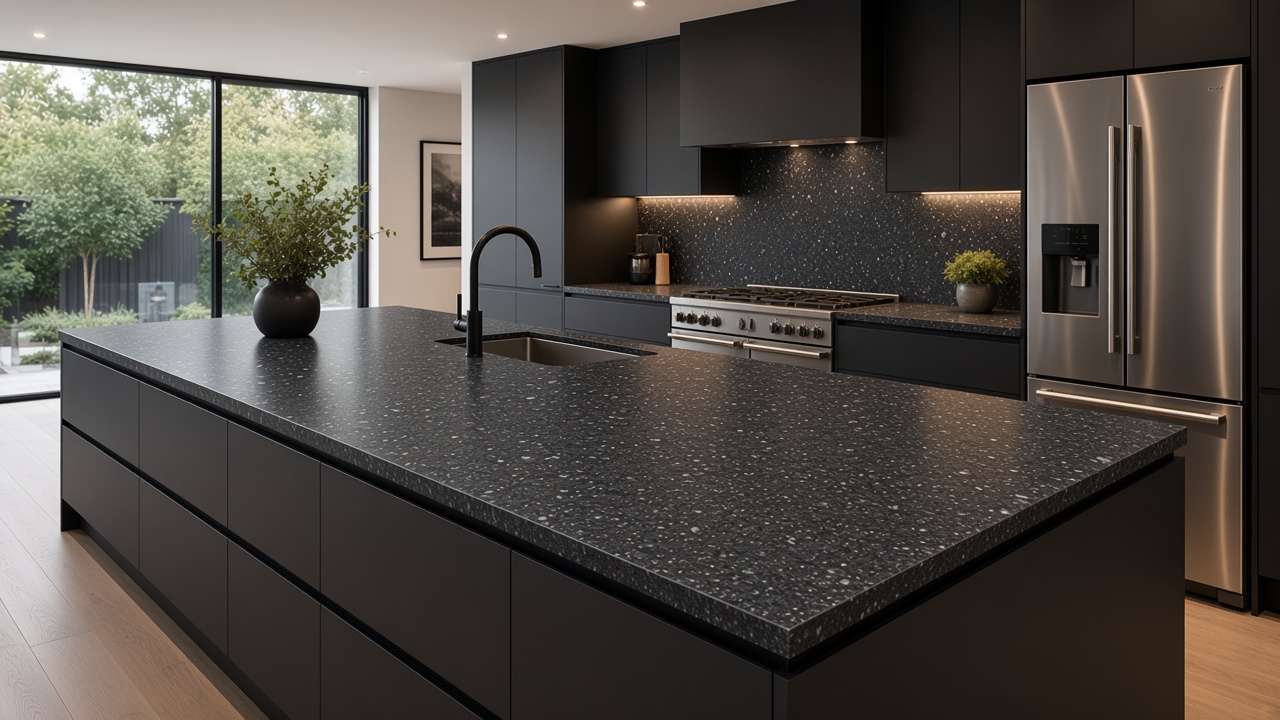 Dark grey solid surface kitchen worktop in a contemporary UK kitchen