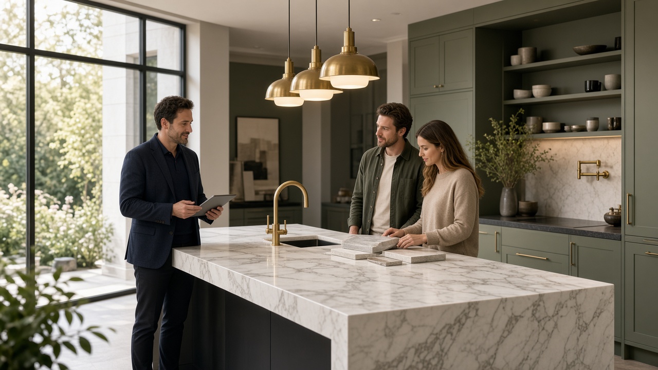 A Corian Worktops London specialist discussing a kitchen project in confidence