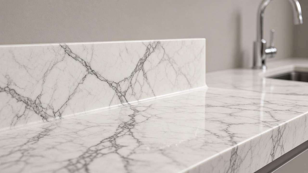 Matching kitchen worktop upstand in Calacatta-look quartz