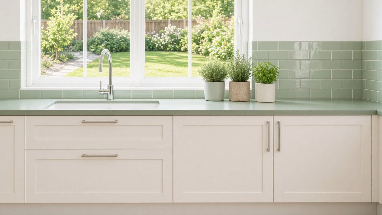 Long Corian worktop in a Victorian terrace side return extension with a glazed roof in London