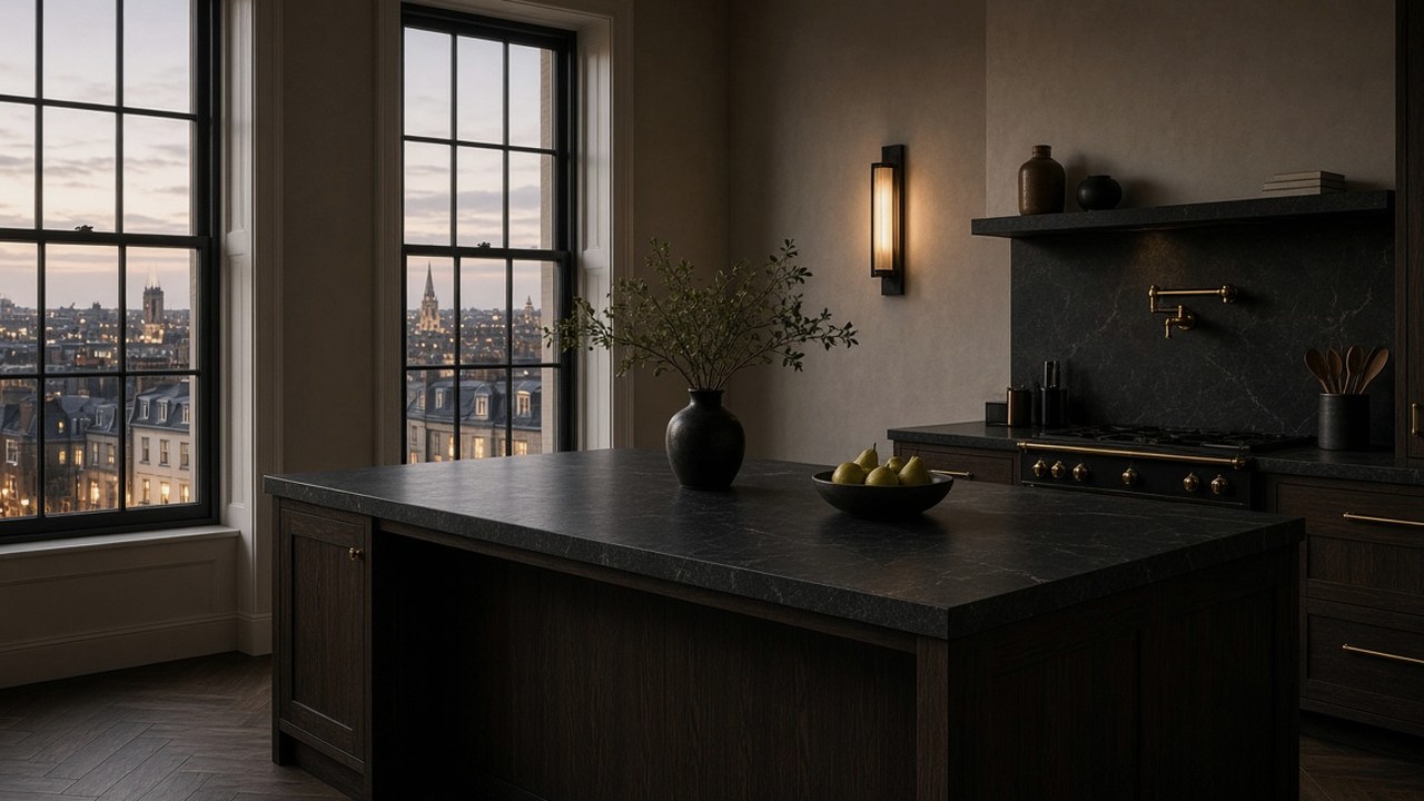 Corian worktop in a London townhouse basement kitchen lit by a lightwell and warm pendants