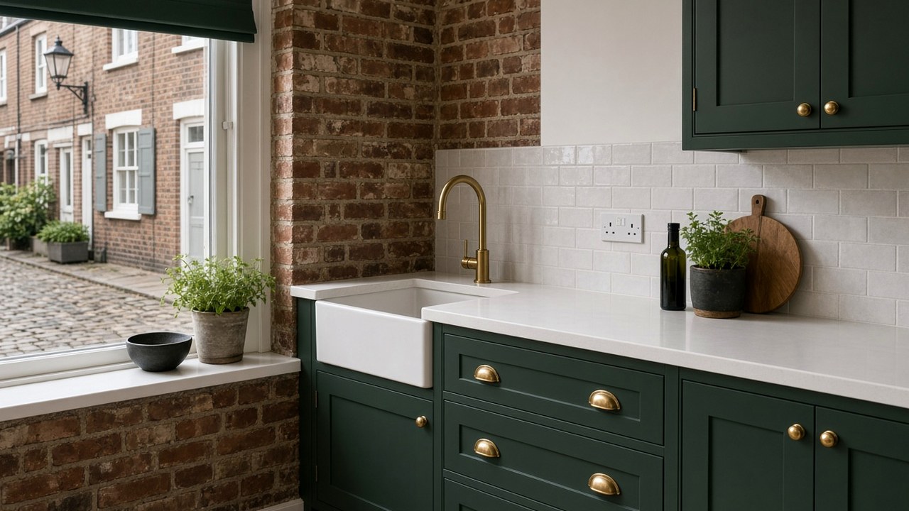 Corian kitchen island in a London warehouse conversion with exposed brick and large steel windows