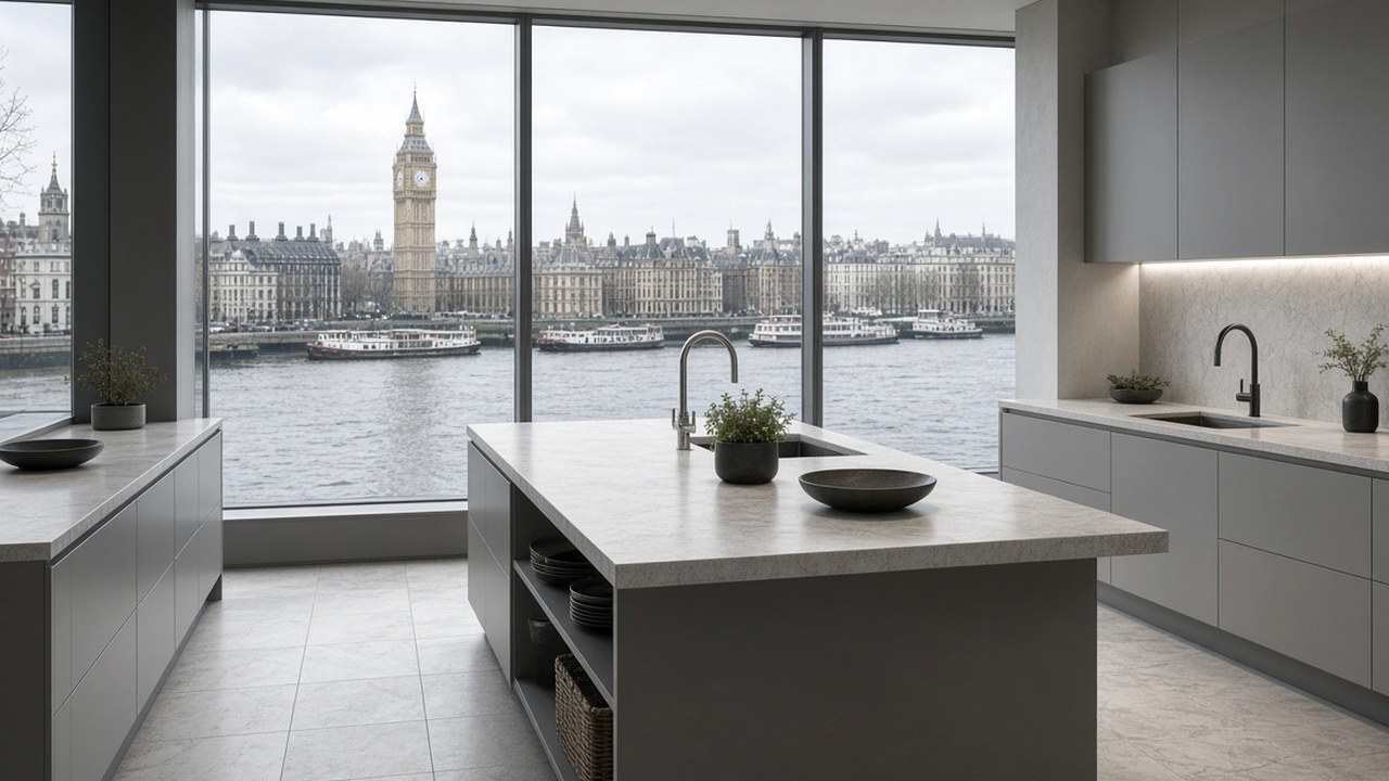 London apartment kitchen with a Corian worktop fitted following managing agent approval